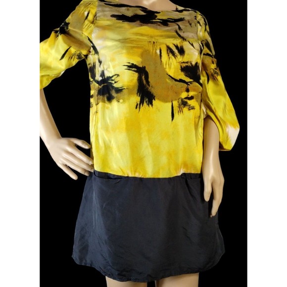 100% Silk Abstract Yellow Black Zip Scoop Neck Ruche 3/4 Sleeve Size XS Dress - Picture 3 of 12